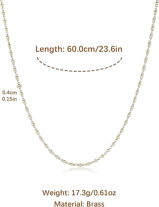 HZMAN 18K Gold Plated Brass Metal Bead Necklace - 60cm Hypoallergenic Lightweight Charming Jewelry Gift for Women