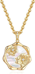 MTMY Birth Flower Necklace 14K Gold Plated Mother of Pearl Disc Birth Month Flower Pendant Necklaces for Women Personalized Custom Floral Jewelry Birthday Gift