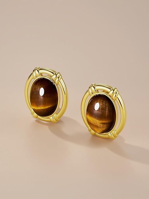 Large Oval Button Chunky 18K gold plated Tiger Eye Gemstone Statement Earrings for Women by SNGIA, Big Brown Amber Bold Handmade Exaggerated Dome Retro Rounded Button Half Ball Trendy Bohemian Jewelry Gifts, Unique Baroque Stone Summer Beach Fashion Ea...