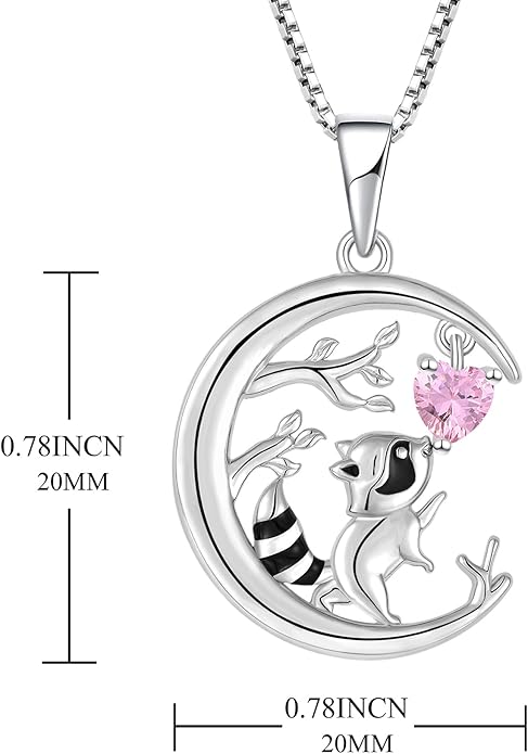 STARCHENIE Raccoon Necklace 925 Sterling Silver Heart Birthstone Pendant Cute Animal Jewelry for Women