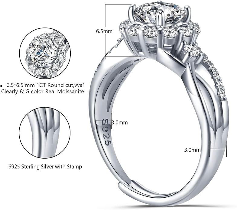 Atylyk 1 Carat G color VVS1 Moissanite Adjustable Engagement Flower Ring Wedding Promise 925 Sterling Silver Solitaire Rings for Women