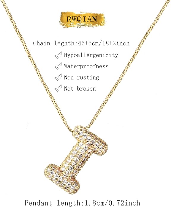RWQIAN Letter Necklace for Women Bubble, Chunky Initial Alphabet A-Z Pendant Puffy Name Personalized Necklace Dainty Zircon CZ Fashion Jewelry Gifts for Girls Girlfriend