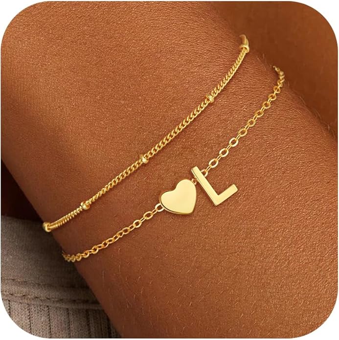 Valentines Day Gifts for Kids Women Girls, 14K Gold Plated Heart Initial Bracelet Teen Girl Gifts Trendy Stuff Dainty Gold Bracelets for Women Girls Valentines Day Gifts