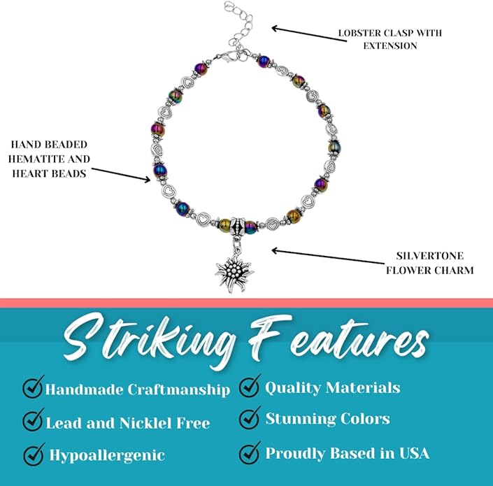 BESHEEK Rainbow Anklet Bracelet Hue Twisted Hematite and Round Artisan Beaded Anklet with Extension Handmade Hypoallergenic Beach Gala Wedding Style Jewelry