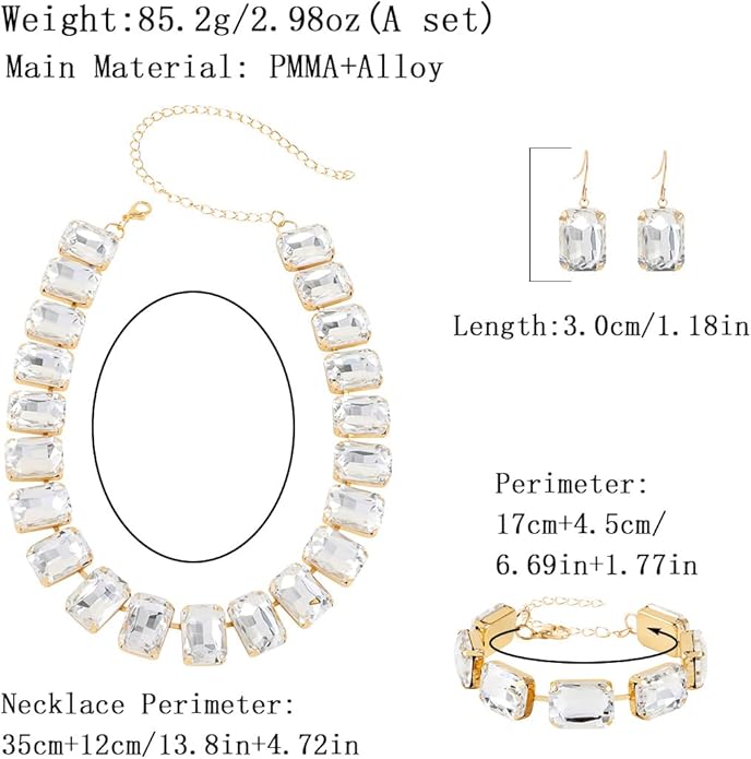 KOSMOS-LI Rectangle Faux Crystal Jewelry Sets Includ Necklace Bracelet Earrings For Women Stocking Stuffers