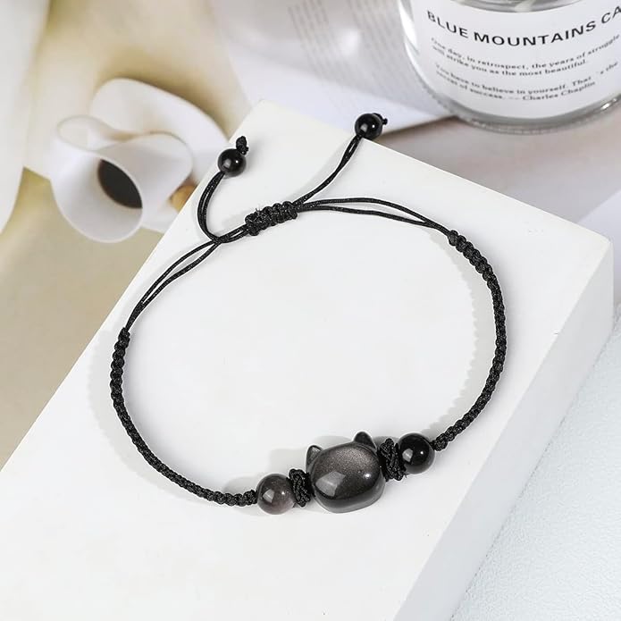 Money Attraction Cat Bracelet - Black Obsidian Women Bracelets -Wealth Prosperity Abundance Stone Bead Bracelet, Entrepreneur Business Luck Beaded Bracelets,Spiritual Mood Energy Cute Protection Stretch Bracelet,Health Good Luck Feng Shui Bracelets For...