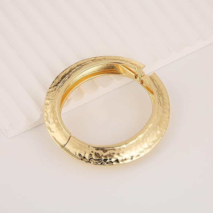 HZMAN 18K Gold Plated Wide Cuff Bracelet for Women - Premium Alloy Shiny Polished Double Layer Statement Bangle, Trendy Daily Wear Party Jewelry Accessory