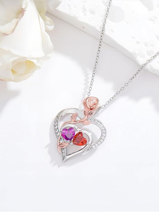 Rose Flower Heart Pendant for Women Birthday Gifts 18k Gold Plated Mother Daughter Necklace with 12 Months Birthstone Christmas Valentines Day Gifts for Her Mom Anniversarry Jewelry for Mom Wife Girlfriend