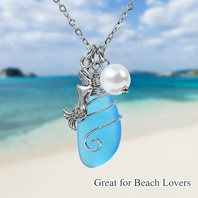 Sea Glass Necklace, Wire Wrapped Beach Necklaces, Sea Glass Jewelry, Handmade Blue Beach Jewelry for Women Trendy