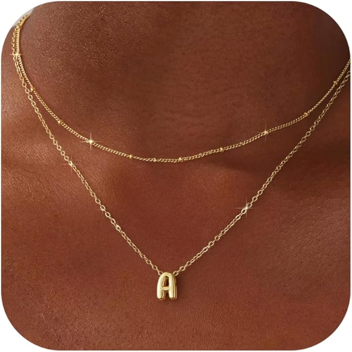 Valentines Day Gifts for Her - Bubble Letter Necklace Layered 14K Gold Plated Initial Necklaces for Women Dainty Cute Choker Pendant Stack Jewelry Fashion Accessories Teen Gift Trendy Stuff