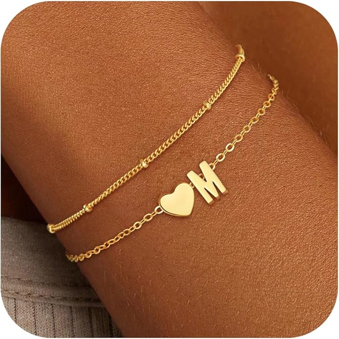 Valentines Day Gifts for Kids Women Girls, 14K Gold Plated Heart Initial Bracelet Teen Girl Gifts Trendy Stuff Dainty Gold Bracelets for Women Girls Valentines Day Gifts