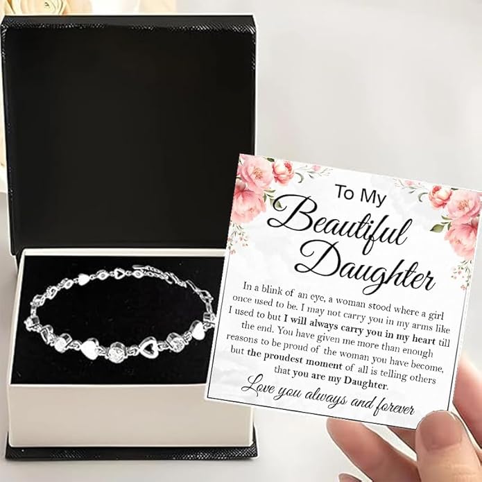 To My Daughter Bracelet, Silver Heart Chain Bracelet with Shiny Stones, Perfect Birthday or Graduation Christmas Gift for Daughter with Message Card and Gift Box