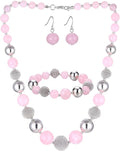 PEARL&CLUB Beaded Chunky Statement Necklace Earring and Bracelet Set Silver Metal Bead Fashion Jewelry Set Mothers’ Day Gifts for Women