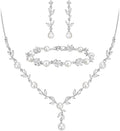 EVER FAITH Bridal Cubic Zirconia Jewelry Sets for Women, White Simulated Pearl Leaf Vine Pendant Wedding Party Necklace Earrings Set for Bridesmaid Bride