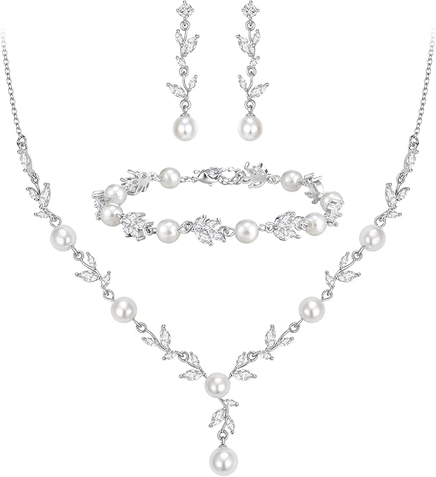 EVER FAITH Bridal Cubic Zirconia Jewelry Sets for Women, White Simulated Pearl Leaf Vine Pendant Wedding Party Necklace Earrings Set for Bridesmaid Bride