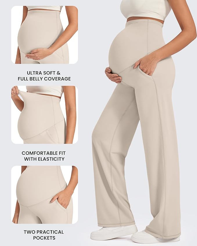 G4Free Maternity Pants Over The Belly Yoga Dress Work Pregnancy Pants Stretchy Lounge Wide Leg Trousers with Pockets