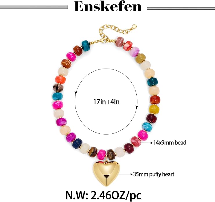 Gold Heart Pendant Necklaces for Women Colorful Acrylic Resin Beaded Choker Necklace Fashion Chunky Statement Beaded Heart Necklace