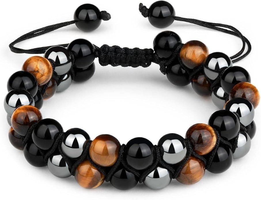 Crystal Vibe 8mm Triple Protection Bracelet - Beaded Bracelet with Natural Stones of Tiger Eye, Hematite, Black Obsidian - Elastic Adjustable Crystal Bracelet for Anxiety Relief, Spiritual Healing