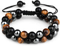 Crystal Vibe 8mm Triple Protection Bracelet - Beaded Bracelet with Natural Stones of Tiger Eye, Hematite, Black Obsidian - Elastic Adjustable Crystal Bracelet for Anxiety Relief, Spiritual Healing