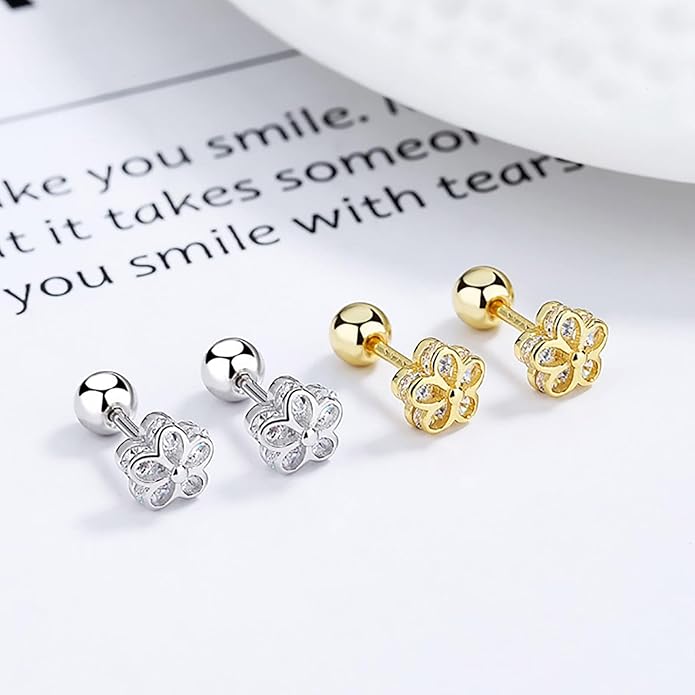 18K Gold Plated Sterling Silver Cubic Zirconia Screw Back Small Trendy Dainty Cute Flower Stud Earrings for Women with Jewelry Rose Box