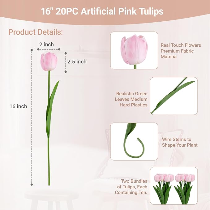20 Pcs Fake Tulips Flowers 16" Tall, Realistic Touch Leaves, Bottle Tulip - Image 2