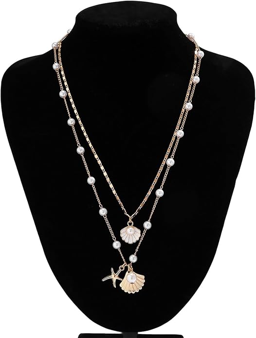 Gold Sea Shell Necklace Layered Charm Necklace for Women Boho Summer Seashell Beach Starfish Necklaces 14k Pearl Chain Surfer Jewelry Beach Vacation Essentials