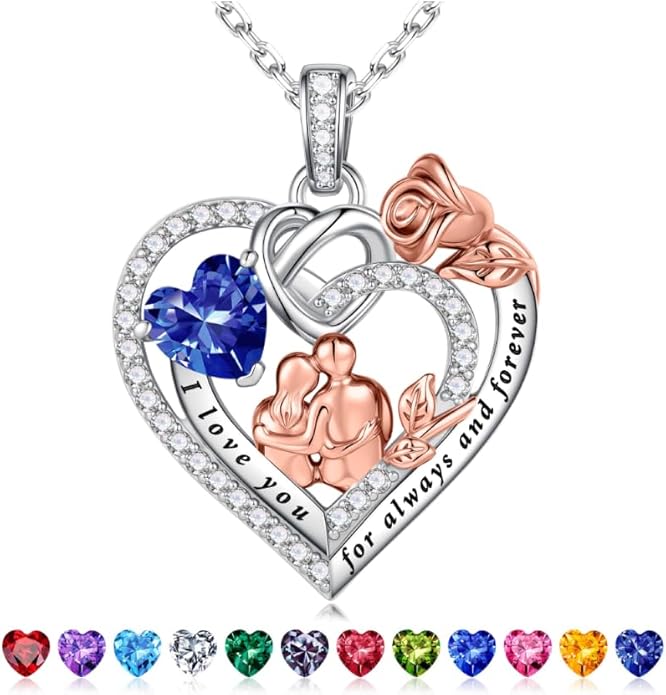 Iefil Valentines Day Gifts for Her - 925 Sterling Silver Birthstone Heart Necklace for Women, Anniversary Birthday Gifts for Wife Girlfriend Mom