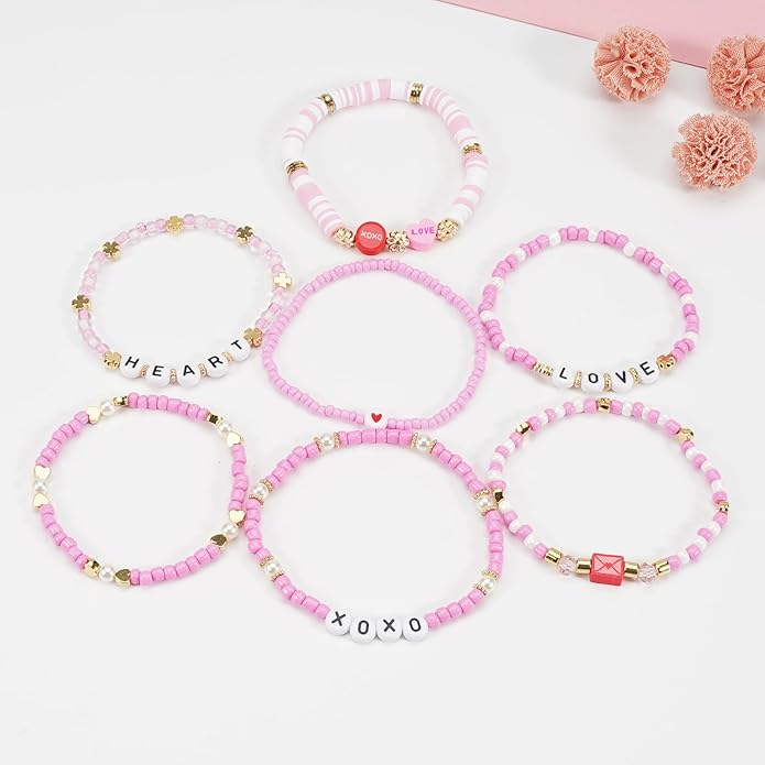 Beaded Bracelet for Women Pink Love Heart Stretch Bracelets Accessories