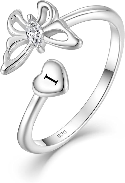 STARCHENIE Butterfly Initial Ring for Women 925 Sterling Silver Letters A-Z 26 Alphabet Adjustable Ring Size 7