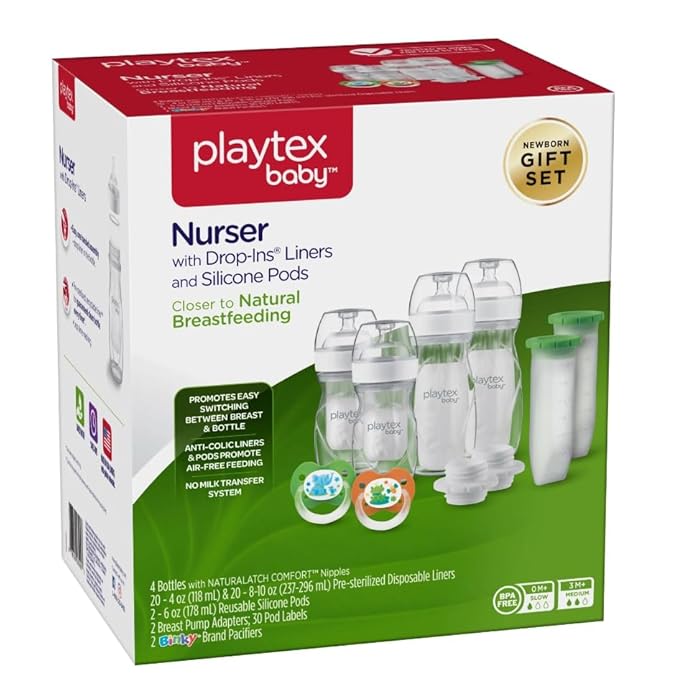 Playtex Baby Nurser Newborn Gift Set with Drop-Ins Bottle Liners, Closer to Breastfeeding, 4 Bottles (2x4 Oz, 2x8 Oz), Liners and PODS, 2 Binky Pacifiers, Bottles for Newborn and Breastfeeding Babies
