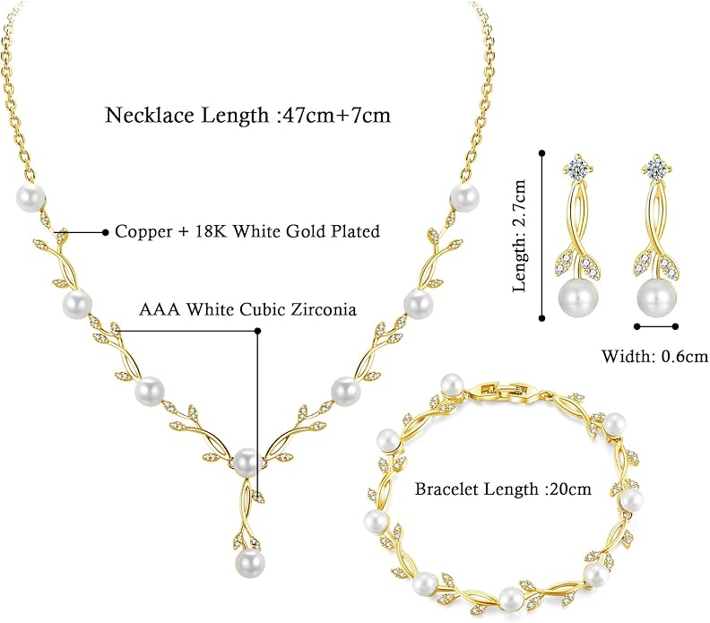 Hadskiss Jewelry Set for Women, Necklace Dangle Earrings Bracelet Set with White AAA Cubic Zirconia, Allergy Free Wedding Party Jewelry for Bridal Bridesmaid