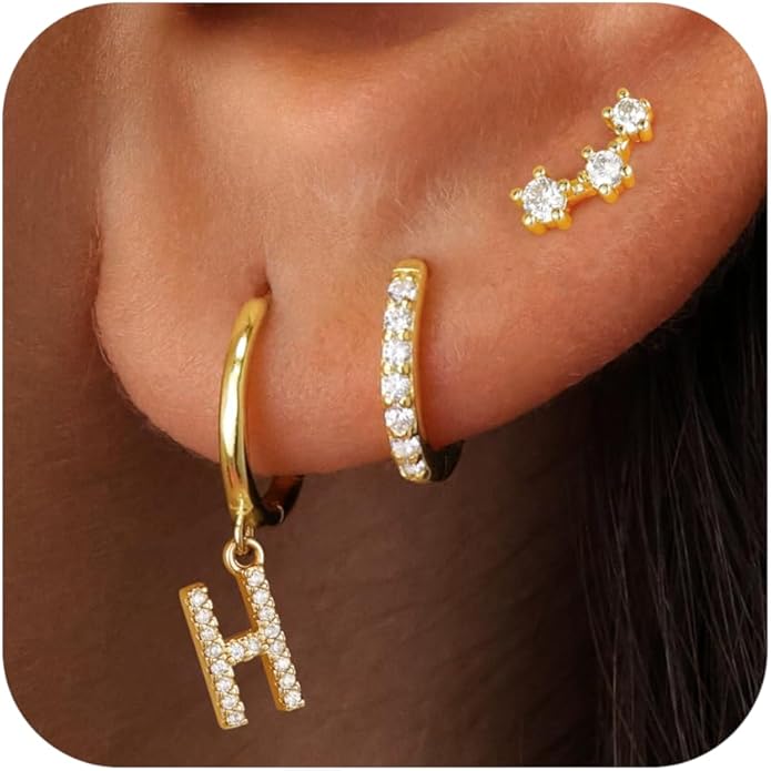 Valentines Day Gifts for Kids Girls - 3 Pairs Gold Earrings for Women Huggie Hoop Earrings for Girls with Initial Dangle Cartilage Earring Studs Hypoallergenic Earring Set for Multiple Piercing
