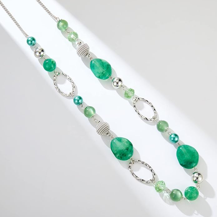 BULINLIN Beaded Long Necklace for Women Silver Sweater Chain Necklace with Crystal Resin Beads, Fashion Jewelry Necklace