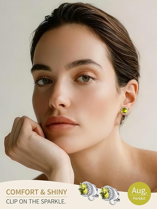 FindChic Sparkling Birthstone Clip On Earrings for Women, Silver Plated Stud Earrings 8MM Cubic Zirconia Non Pierced Studs, 12 Months Birthday Jewelry Gift