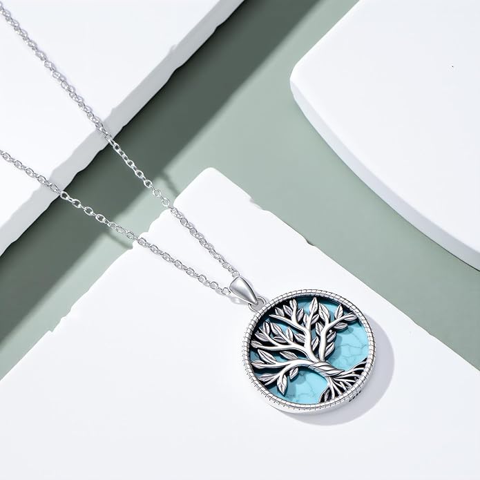 Genuine Turquoise Tree of Life Necklace Sterling Silver Boho Natural Gemstone Necklace for Women