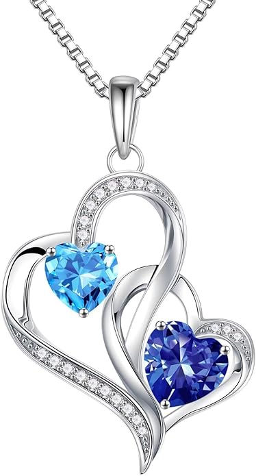 Iefil Valentines Day Gifts for Her - 925 Sterling Silver Double Birthstone Necklace, Heart Necklaces for Women, Anniversary Birthday Gifts, Personalized Jewelry Gift for Wife Mom Girlfriend