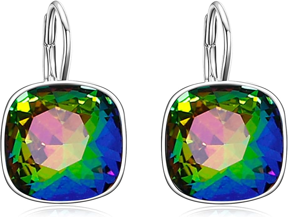AOBOCO Sterling Silver Leverback Earrings Embellished with Crystals from Austria, Hypoallergenic Cushion Cut Square Crystal Earrings, Fine Anniversary Birthday Jewelry Gifts for Women