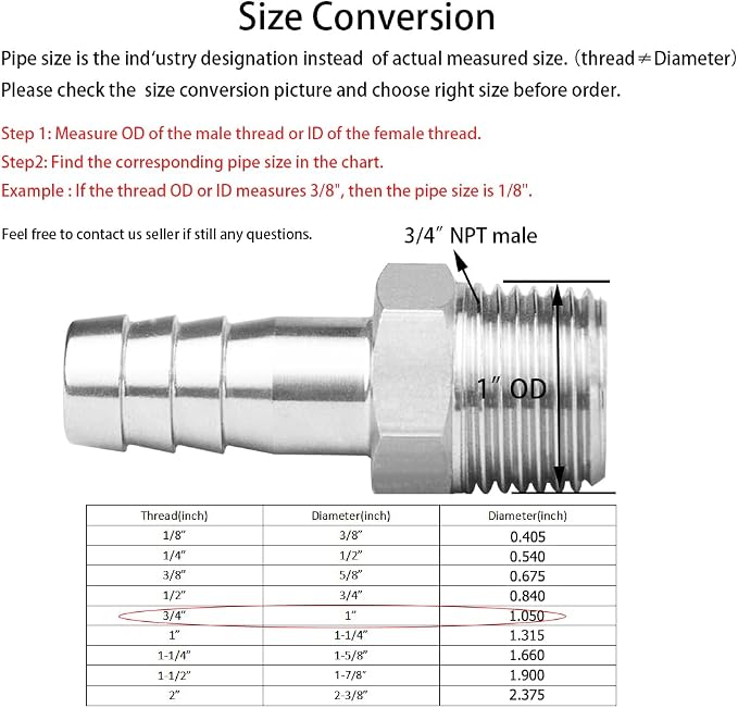 Stainless Steel Hose Barb Fitting 1" Hose Barb to 3/4" NPT Male Thread - Image 2