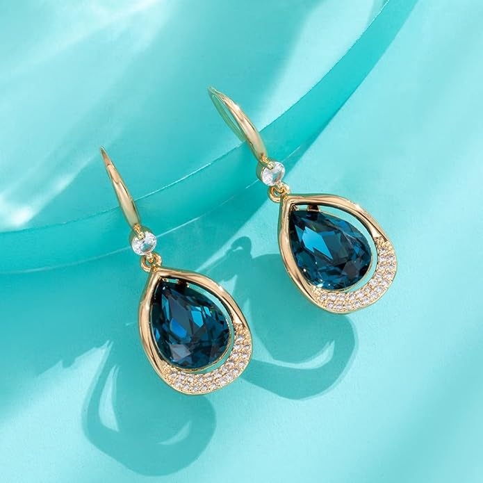Austrian Crystal Halo Teardrop Hollow Drop Dangle Earrings for Women 14K Rose Gold Plated Hypoallergenic Jewelry Gifts