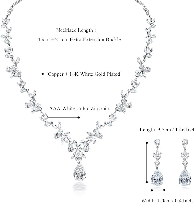 Hadskiss Jewelry Set for Women, Necklace Dangle Earrings Bracelet Set with White AAA Cubic Zirconia, Allergy Free Wedding Party Jewelry for Bridal Bridesmaid
