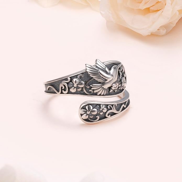 925 Sterling Silver Hummingbird/Sunflower Turquoise/Moonstone/Lily of the Valley Flower Spoon Ring Adjustable Open Ring Statement Thumb Ring Jewelry for Women