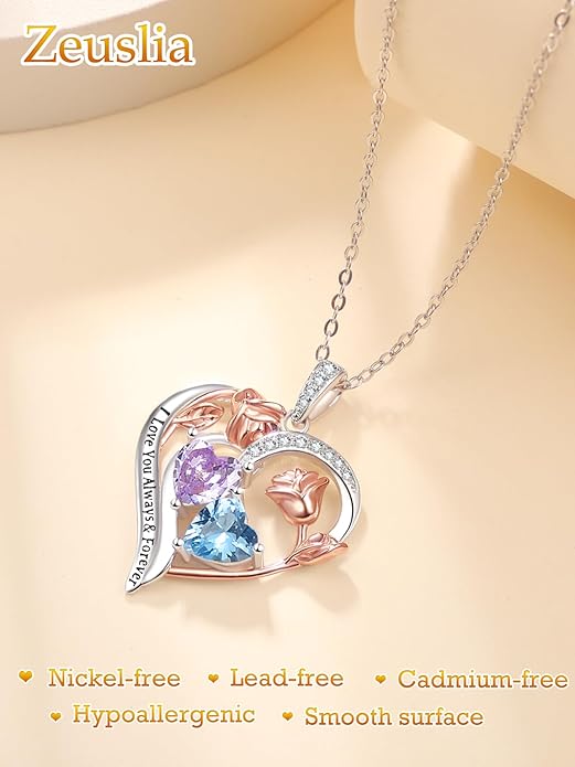 Valentine's Day Gifts for Wife 925 Sterling Silver Double Birthstone Pendant Necklaces I Love You for Always and Forever Necklace Anniversary Birthday Gifts for Wife Girlfriend Mom Her