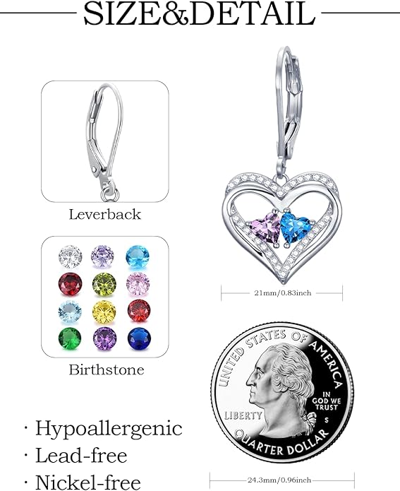 Valentines Day Gifts for Women, Heart Leverback Earrings Double Birthstone Dangle Earrings for Women, Love Jewelry for Her, Anniversary Birthday Gift for Mom Wife Girlfriend