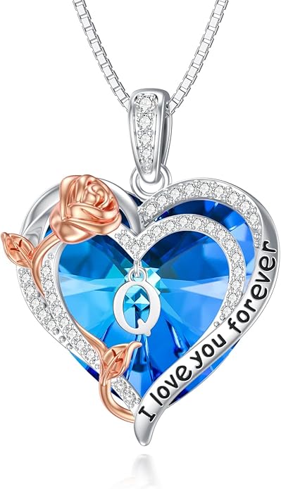 PELOVNY Rose Heart Initial Necklaces for Women S925 Sterling Silver Alphabet Letter Crystal Necklace Initial Pendant Jewelry Gifts for Mom Daughter Wife