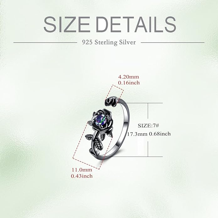 POPLYKE Rose Black Flower Ring For Women Sterling Silver Rings With CZ Jewelry For Women Promise Ring Adjustable Open Ring