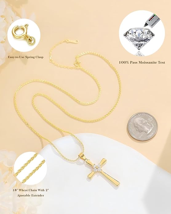Gold Moissanite Cross Necklace for Women Wife in Light-Up Gift Box,Love Card - Women Anniversary Birthday Gifts Ideas for Wife Her Girlfriend, Christian Cross Chain Jewelry 1CT (18K Real Gold Filled)