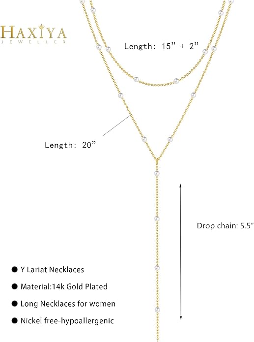 Lariat Gold Necklace for Women Dainty Long Necklace 14k Gold Plated/Silver Y-Shaped Pendant Drop Chain Trendy Layered Pearl/Beaded/CZ Necklaces Simple Gold Jewelry For Women Gift
