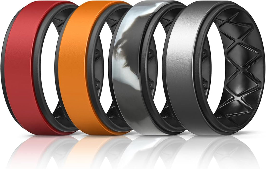Egnaro Silicone Rings for Men 1/4/5/6/7 Multipack of Breathable Mens Silicone Rubber Wedding Rings Bands - Step Edge