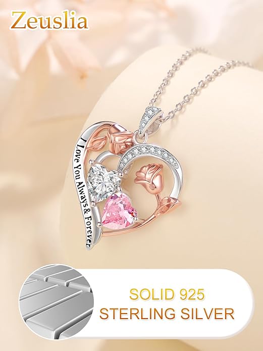 Valentine's Day Gifts for Wife 925 Sterling Silver Double Birthstone Pendant Necklaces I Love You for Always and Forever Necklace Anniversary Birthday Gifts for Wife Girlfriend Mom Her