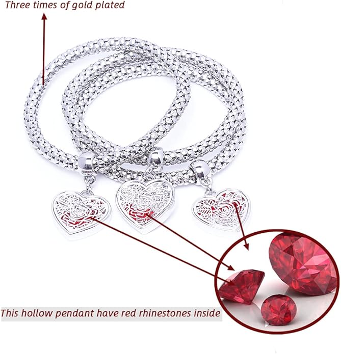 Crystal Charms Multilayer Bracelets - 3PCS Gold/Silver/Rose Gold Corn Chain Bracelet for Women, Tree of Life Heart Shaped Stretch Bracelet